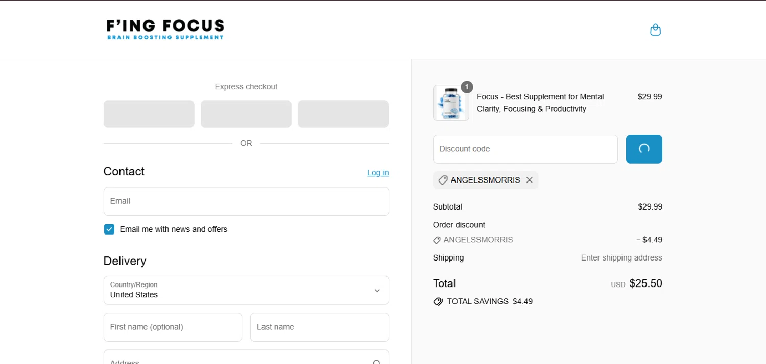 Fing Focus discount code screenshot showing code ANGELSSMORRIS applied at Fing Focus checkout page. Uploaded by SimplyCodes community member juanisaac on Sep 9, 2025