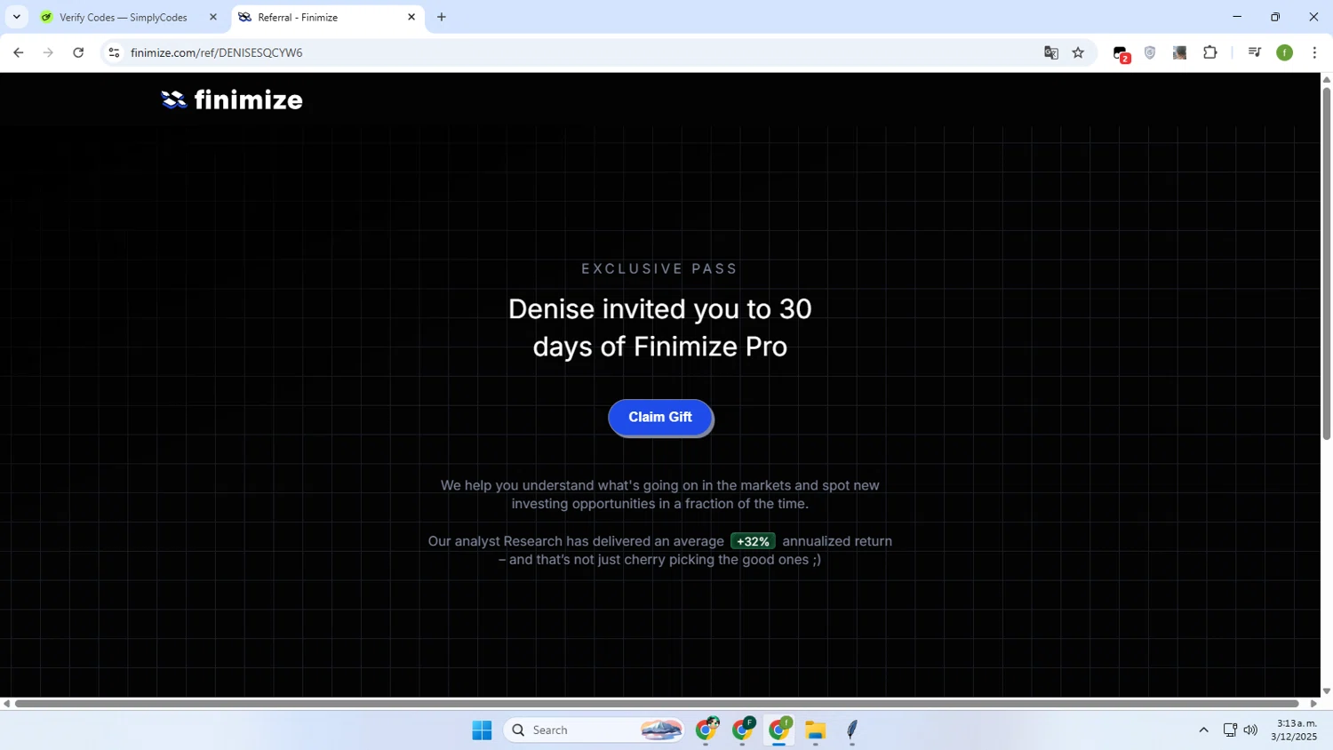 Finimize promo code screenshot showing code DENISESQCYW6 applied at Finimize checkout page. Uploaded by SimplyCodes community member Irelia on Dec 3, 2025