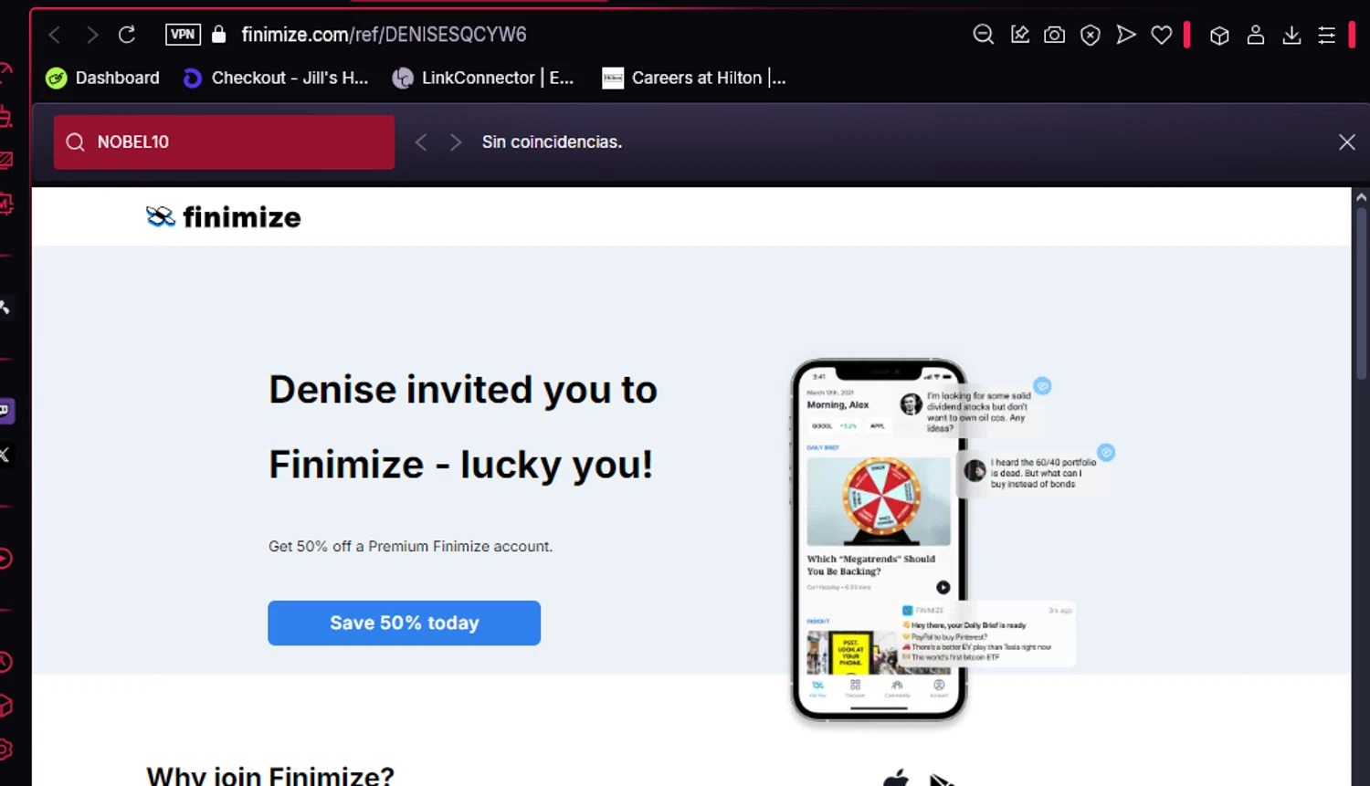 Finimize promo code screenshot showing code DENISESQCYW6 applied at Finimize checkout page. Uploaded by SimplyCodes community member lyffytaro on Feb 27, 2025