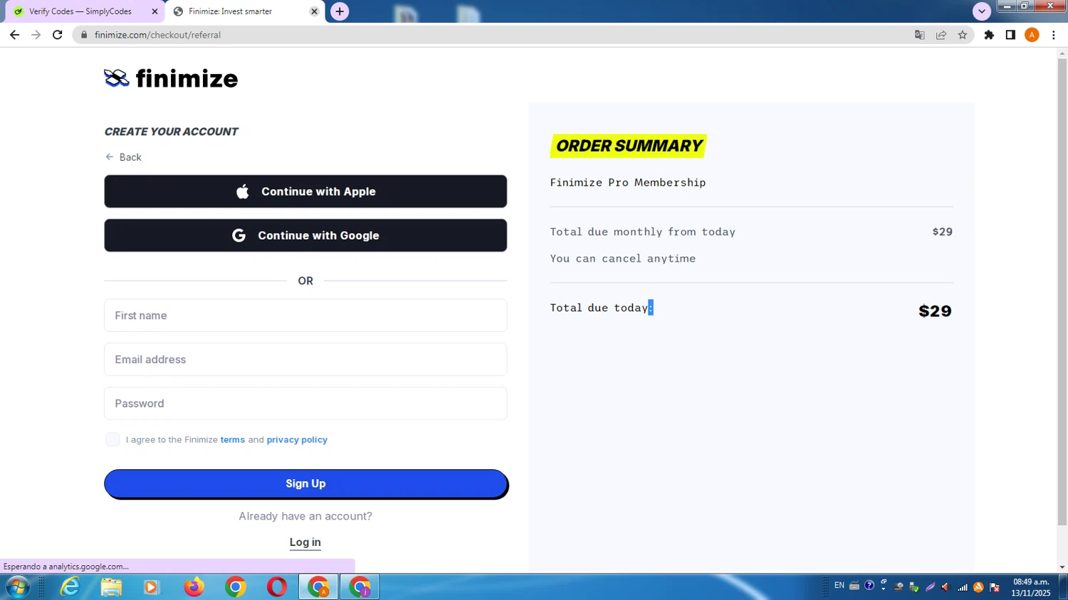 Finimize promo code screenshot showing code JONATHANCYMVMR applied at Finimize checkout page. Uploaded by SimplyCodes community member AlfredoBonifacio on Nov 13, 2025
