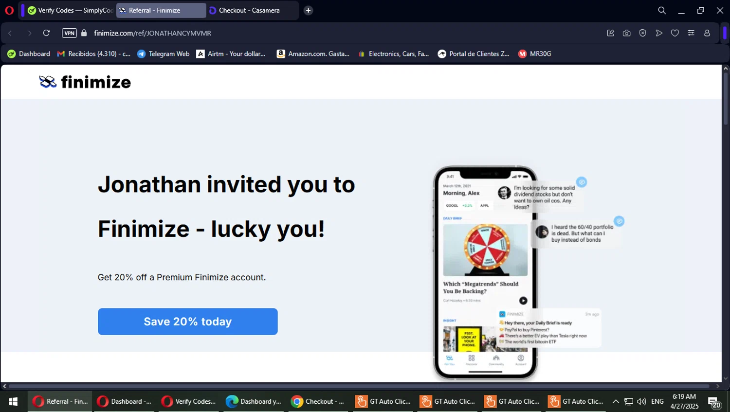 Finimize promo code screenshot showing code JONATHANCYMVMR applied at Finimize checkout page. Uploaded by SimplyCodes community member PokeGOAT on Apr 27, 2025