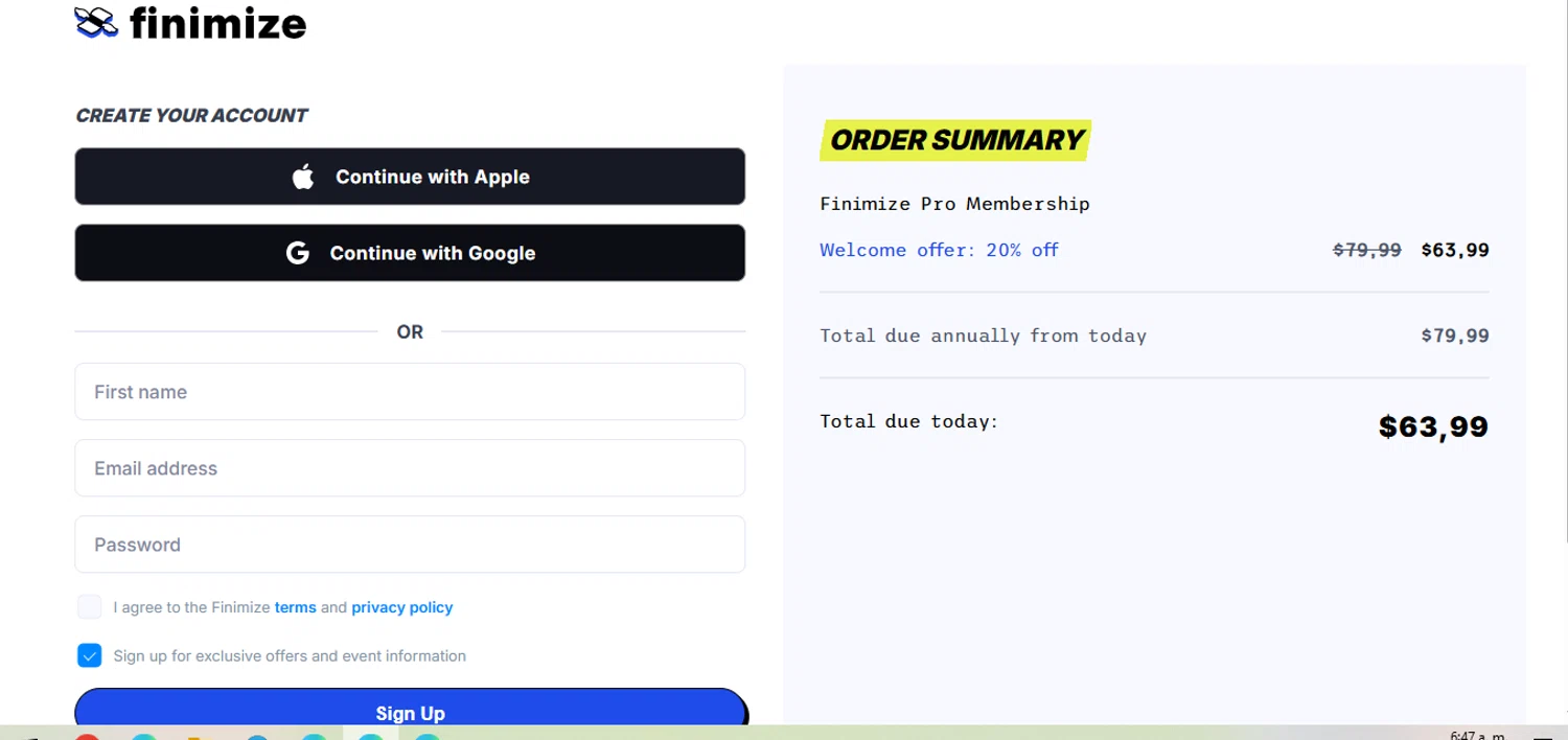 Finimize promo code screenshot showing code ANDREWB0AW5 applied at Finimize checkout page. Uploaded by SimplyCodes community member BrilliantFalcon6936 on May 26, 2025