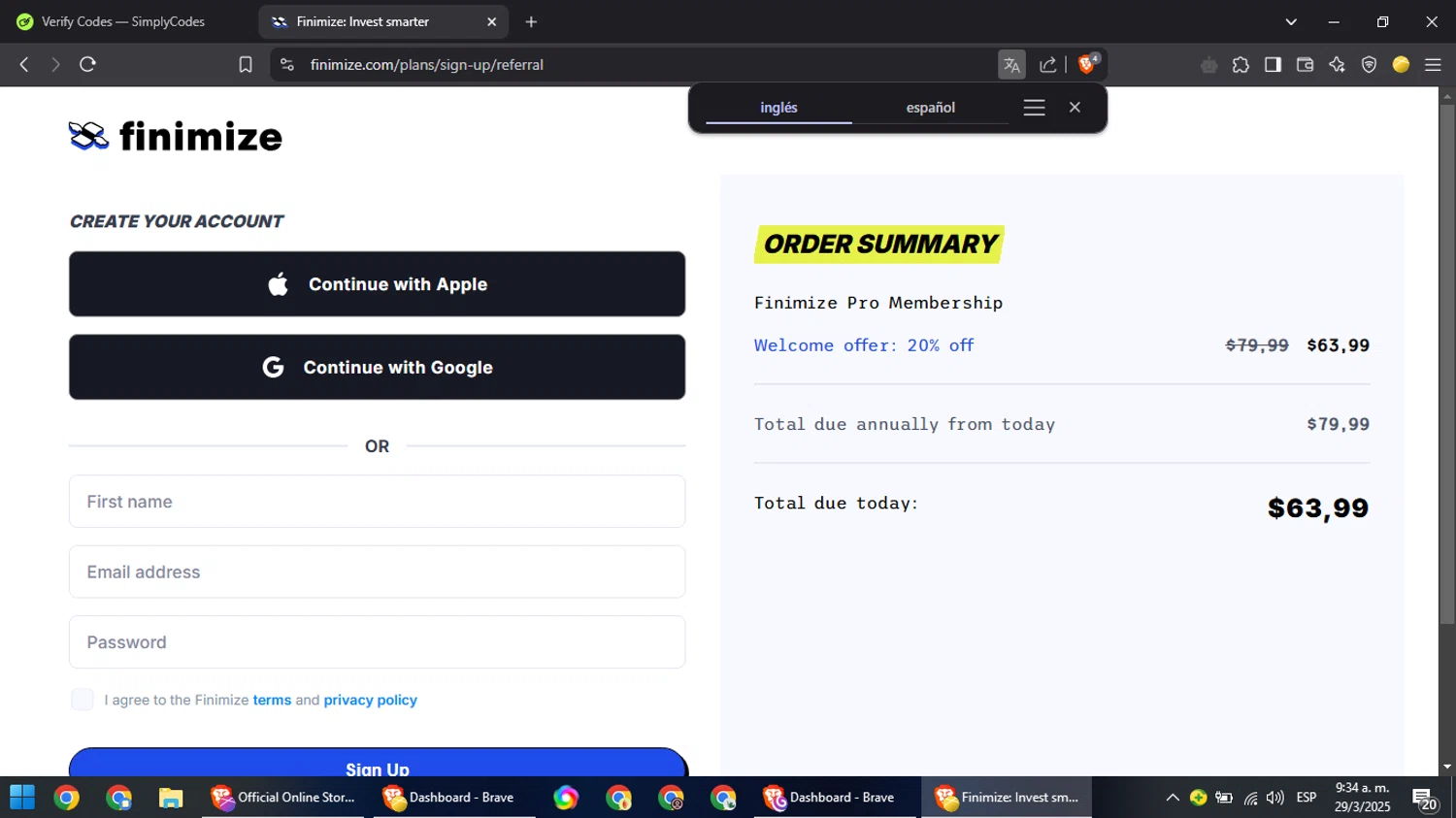 Finimize checkout page showing Finimize promo code box | Screenshot taken by SimplyCodes community member on Mar 29, 2025