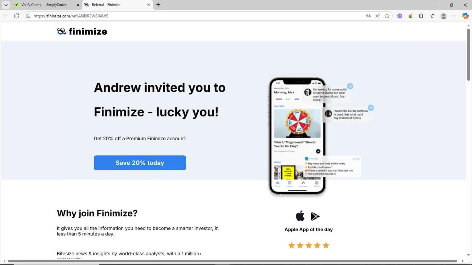 Finimize promo code screenshot showing code ANDREWB0AW5 applied at Finimize checkout page. Uploaded by SimplyCodes community member CrownShopper2899 on Jul 23, 2025