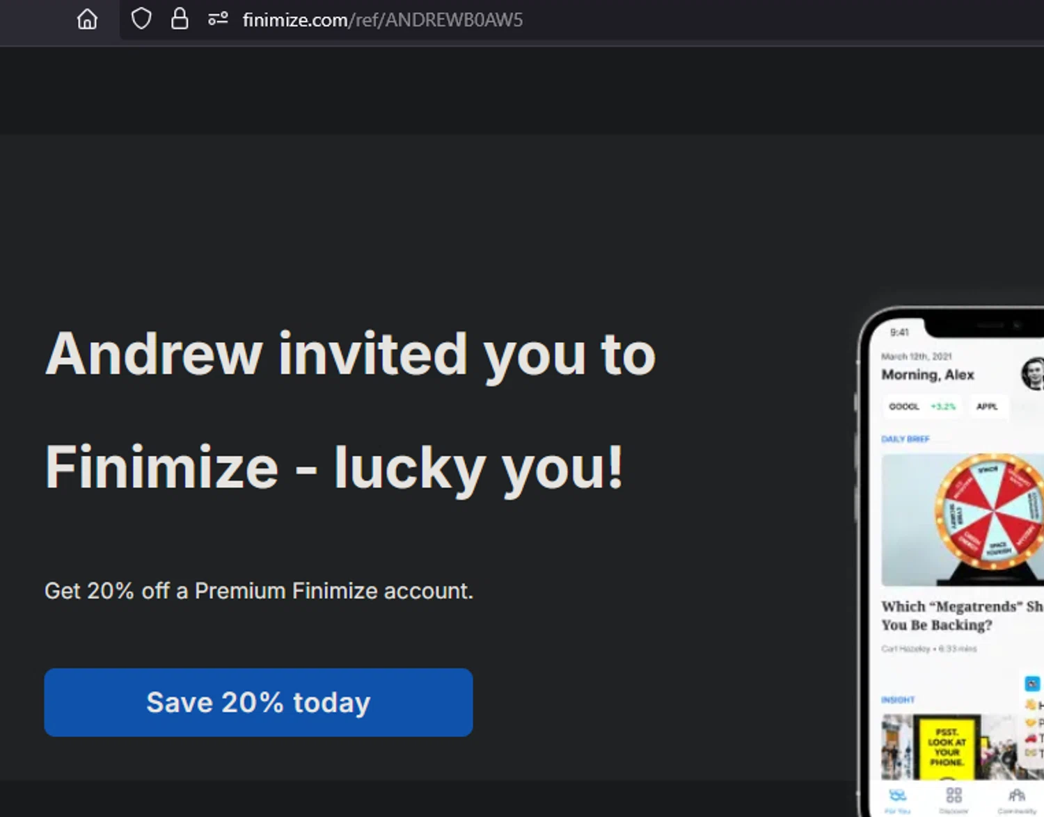Finimize promo code screenshot showing code ANDREWB0AW5 applied at Finimize checkout page. Uploaded by SimplyCodes community member xocelot44x on Jun 24, 2025