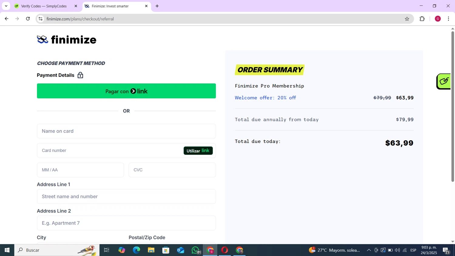 Finimize promo code screenshot showing code 50%off applied at Finimize checkout page. Uploaded by SimplyCodes community member andres100 on Mar 25, 2025