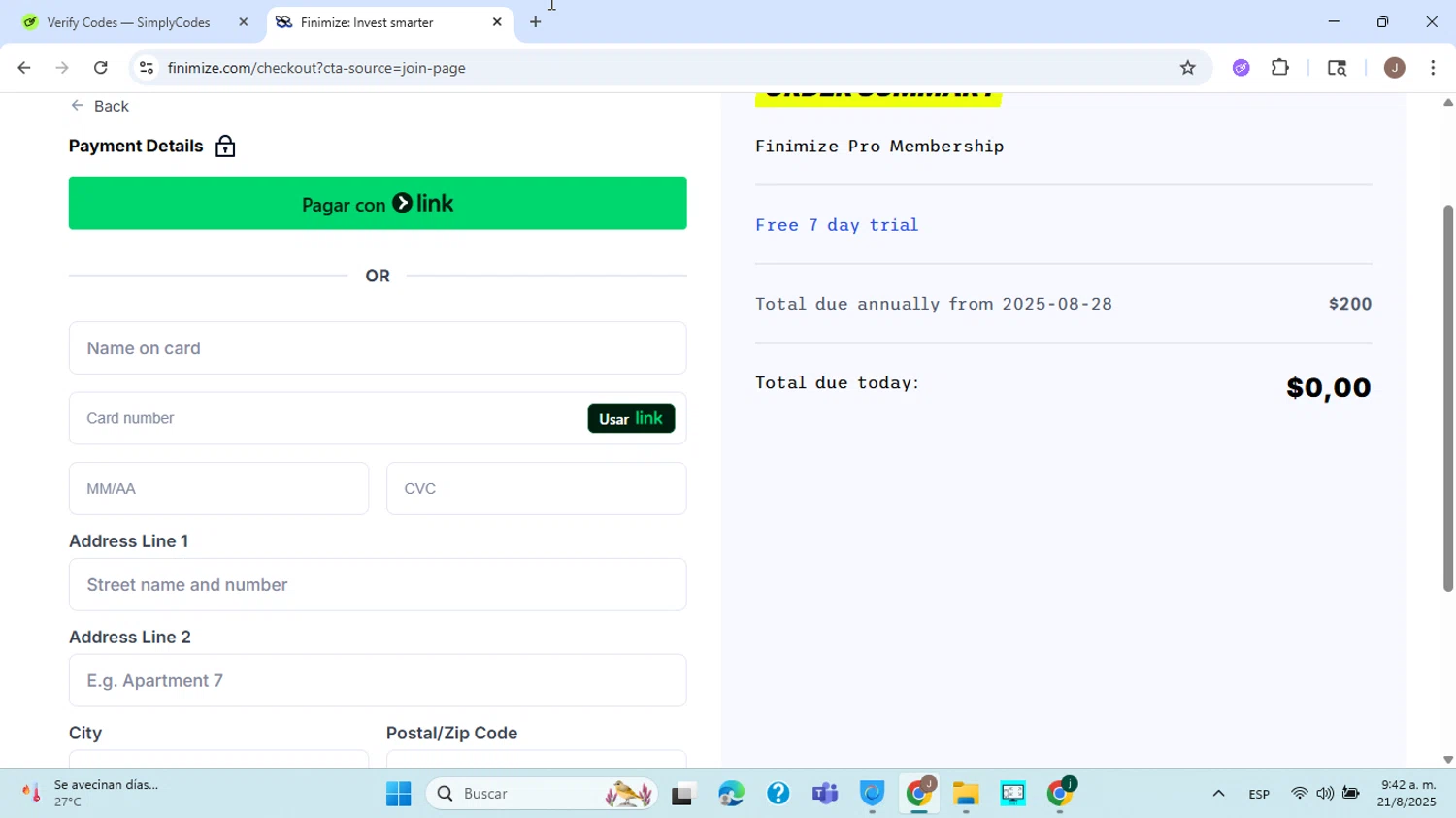 Finimize promo code screenshot showing code 20%off applied at Finimize checkout page. Uploaded by SimplyCodes community member ABHF23 on Aug 21, 2025