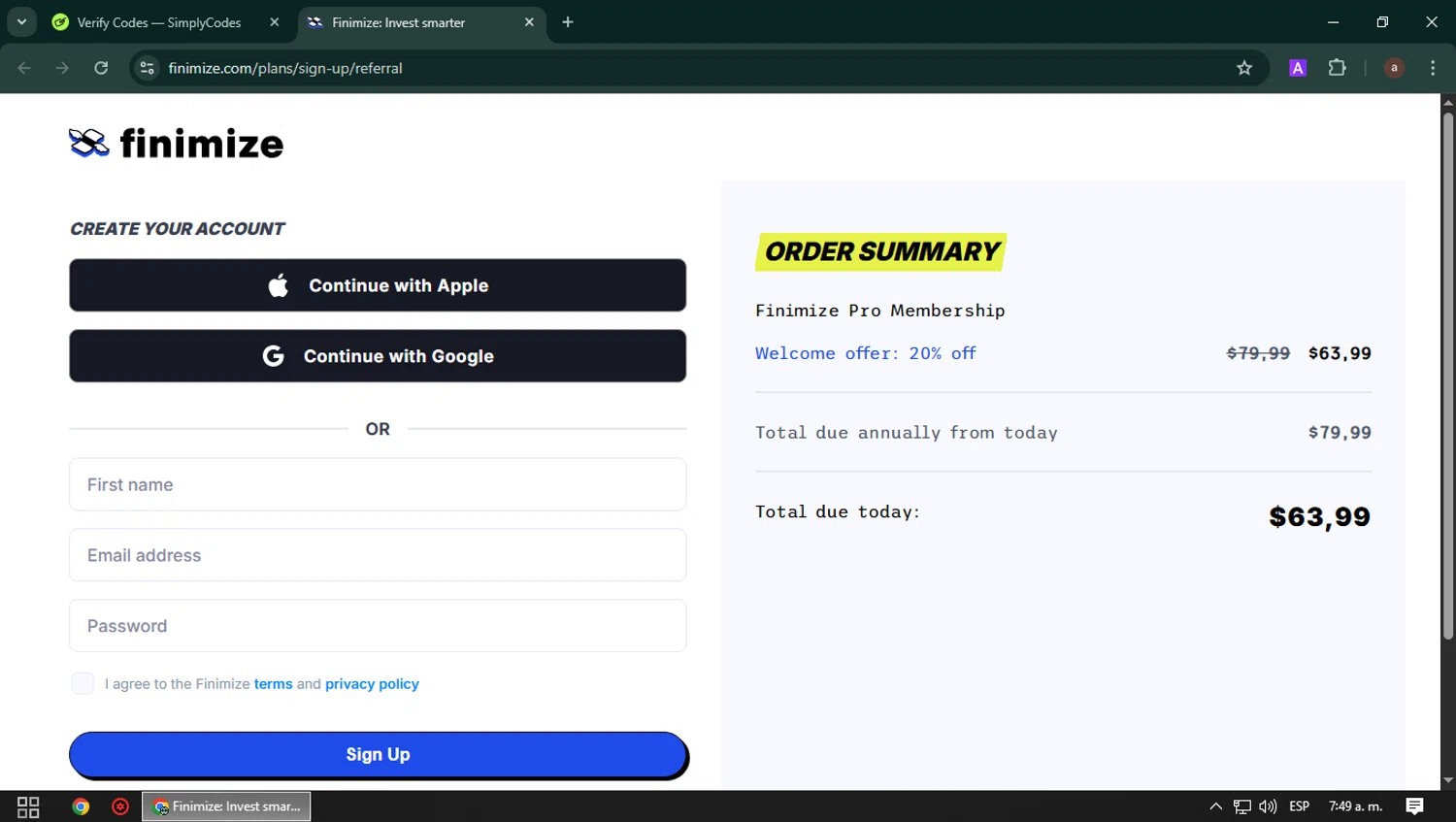 Finimize checkout page showing Finimize promo code box | Screenshot taken by SimplyCodes community member on May 26, 2025