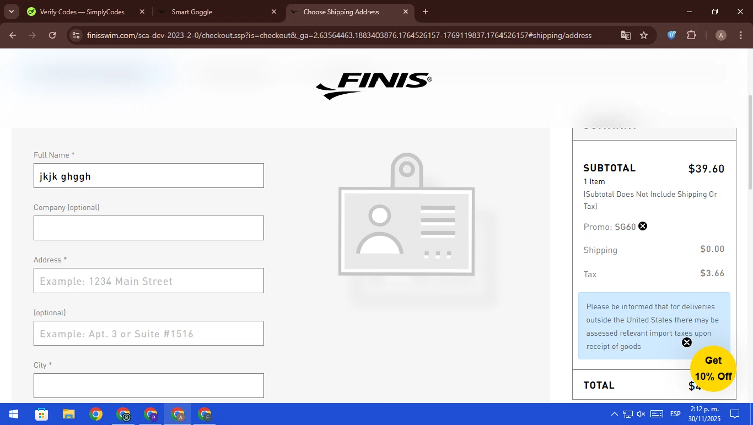 FINIS promo code screenshot showing code SG60 applied at FINIS checkout page. Uploaded by SimplyCodes community member ScanFalcon6148 on Nov 30, 2025