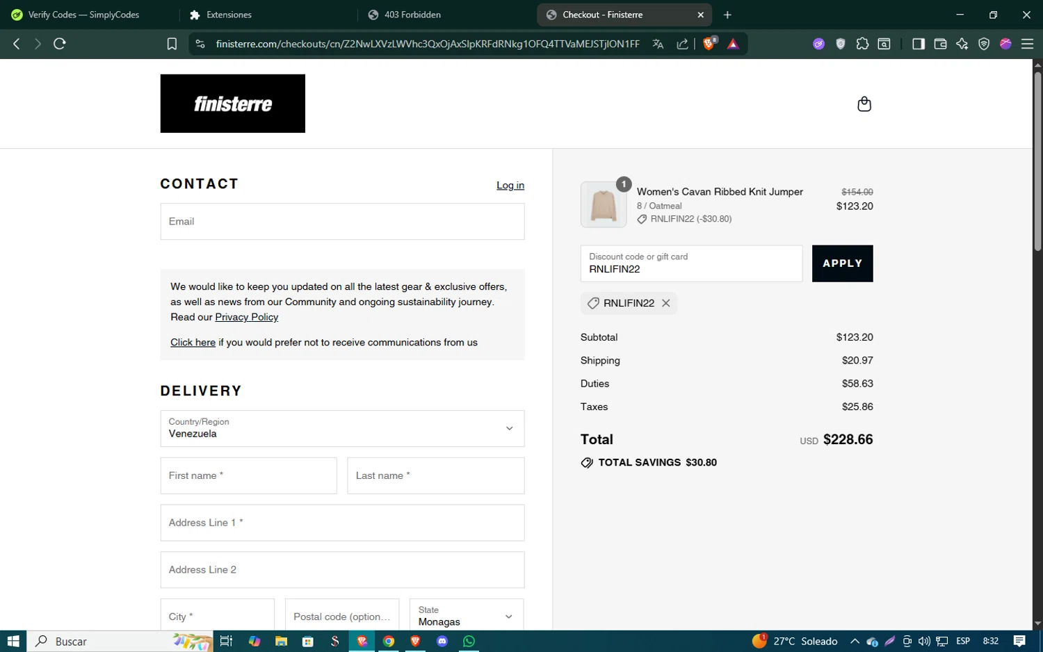 Finisterre discount code screenshot showing code RNLIFIN22 applied at Finisterre checkout page. Uploaded by SimplyCodes community member SmartSaver5448 on Jul 7, 2025
