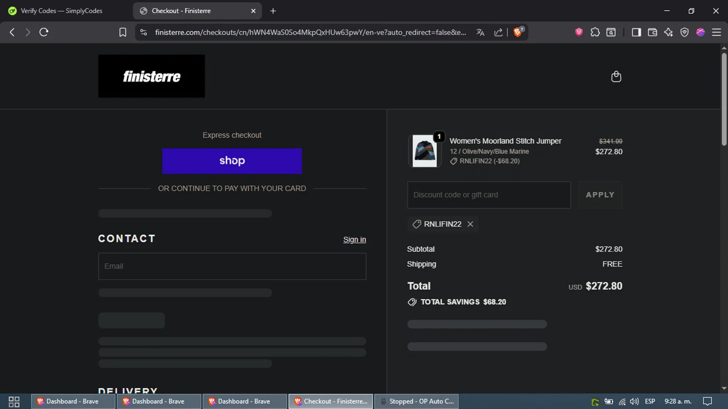 Finisterre discount code screenshot showing code RNLIFIN22 applied at Finisterre checkout page. Uploaded by SimplyCodes community member Waynesmith on Oct 25, 2025