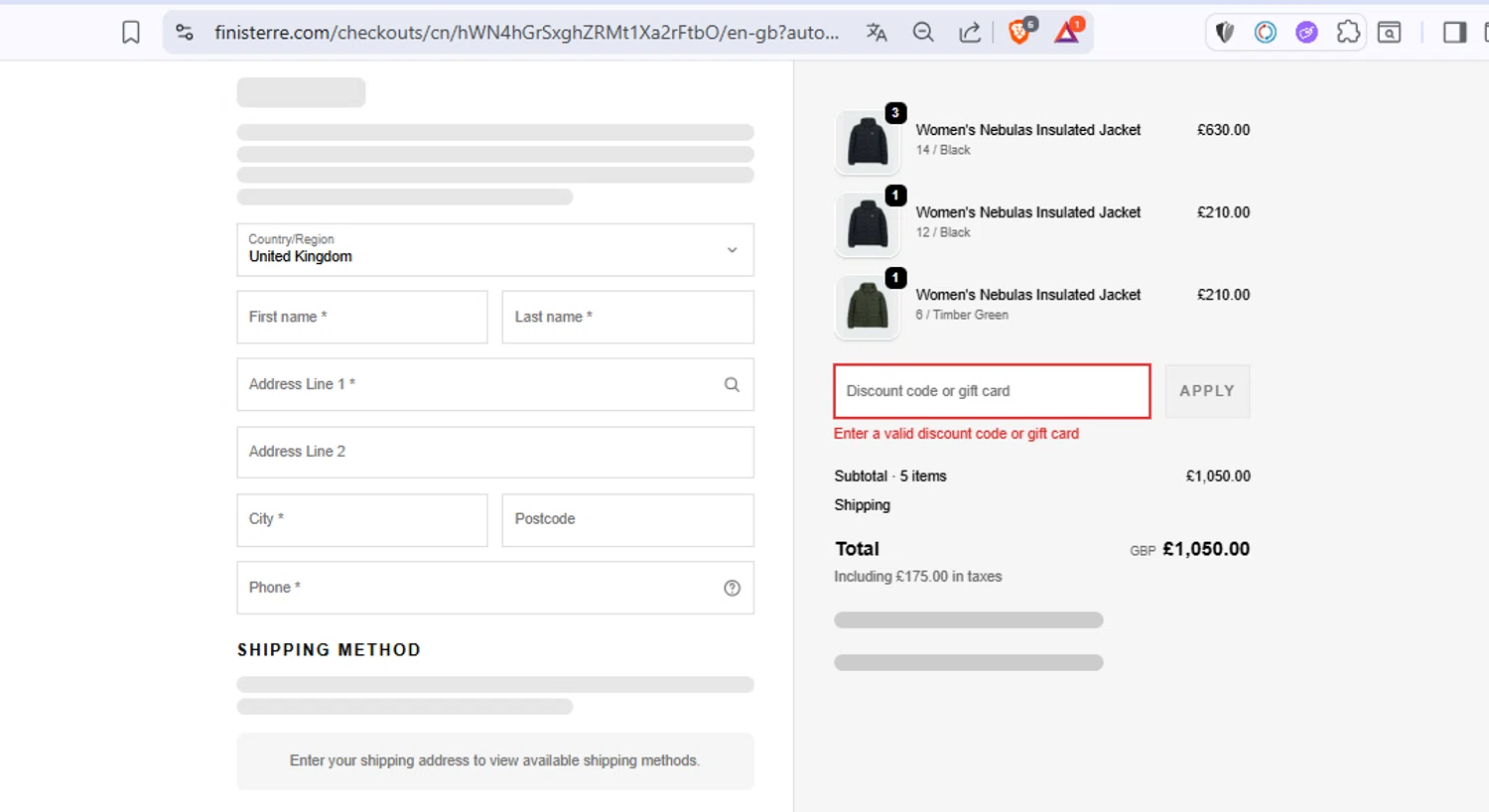 Finisterre discount code screenshot showing code FCSUS25 applied at Finisterre checkout page. Uploaded by SimplyCodes community member Dulce__ on Oct 30, 2025