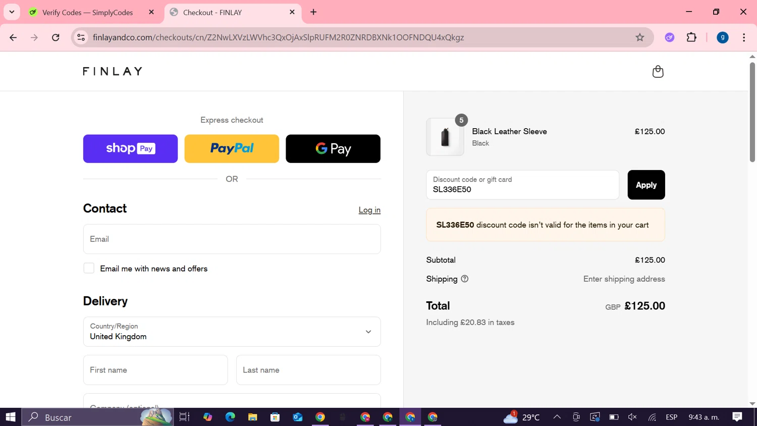 Finlay discount code screenshot showing code SL336E50 applied at Finlay checkout page. Uploaded by SimplyCodes community member MoneyTiger7289 on Jul 9, 2025