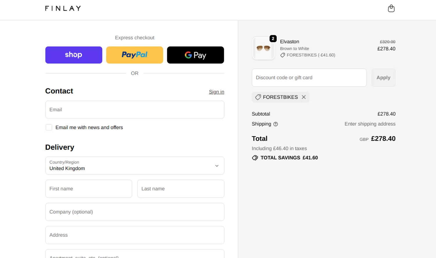 Finlay discount code screenshot showing code FORESTBIKES applied at Finlay checkout page. Uploaded by SimplyCodes community member BargainPilot9399 on Oct 26, 2025