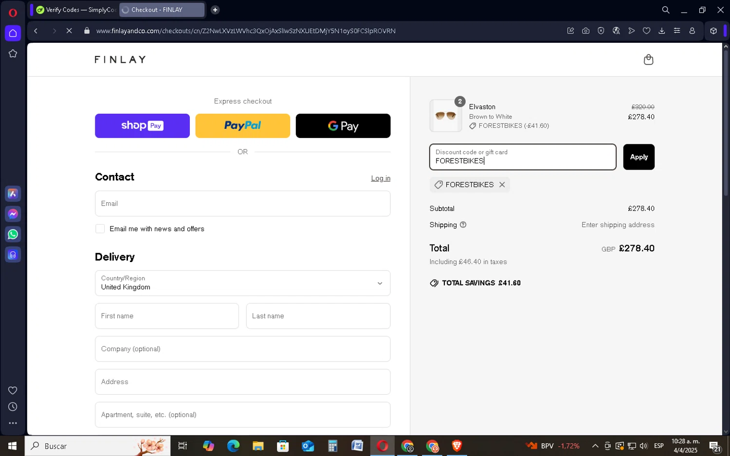Finlay discount code screenshot showing code FORESTBIKES applied at Finlay checkout page. Uploaded by SimplyCodes community member SavingsSentinel833 on Apr 4, 2025