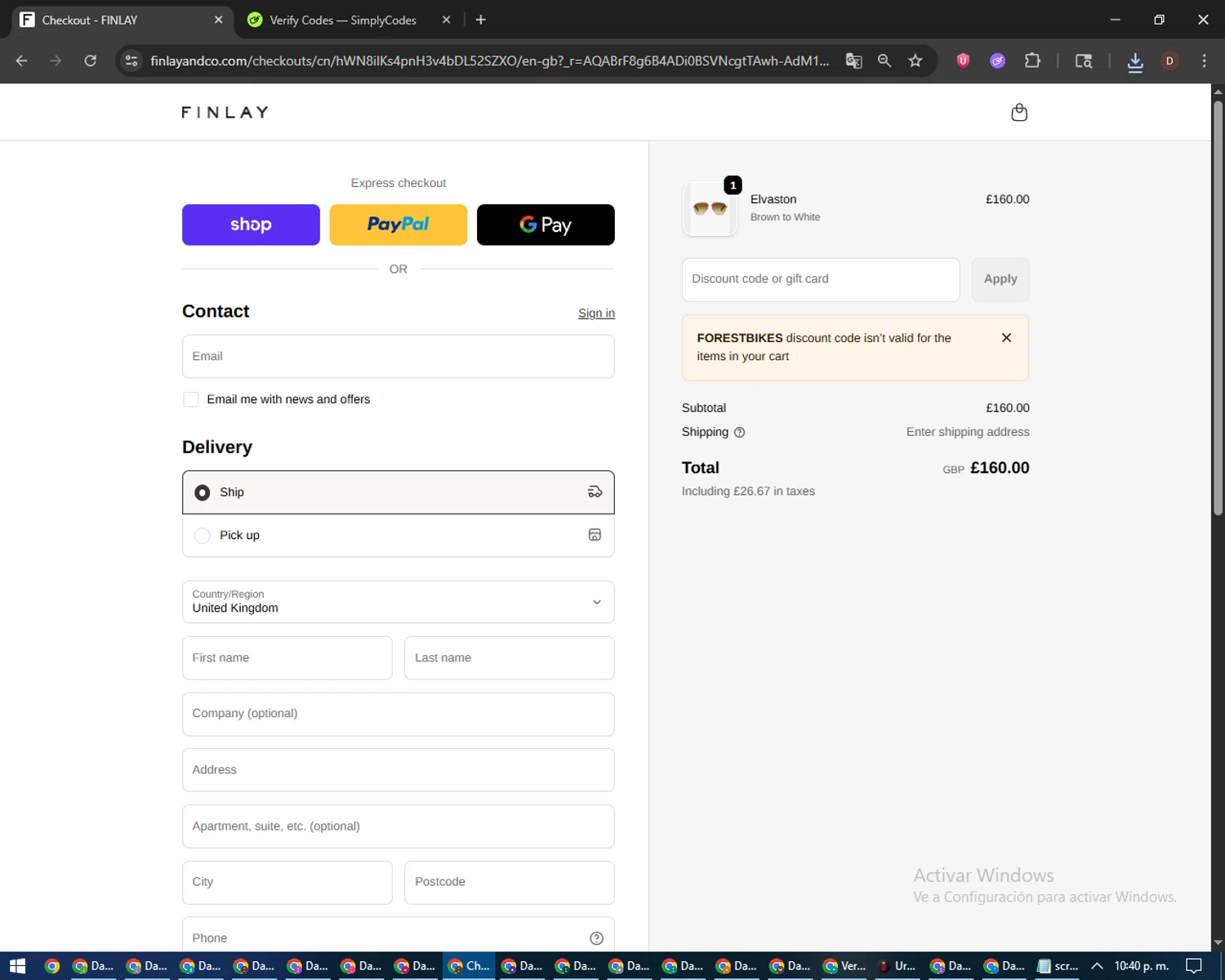 Finlay checkout page showing Finlay discount code box | Screenshot taken by SimplyCodes community member on Feb 13, 2026