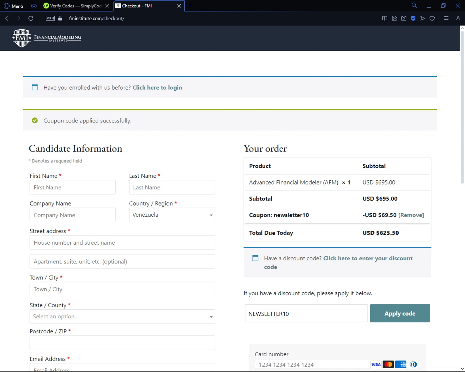 Financial Modeling Institute checkout page showing Financial Modeling Institute promo code box | Screenshot taken by SimplyCodes community member on May 15, 2024