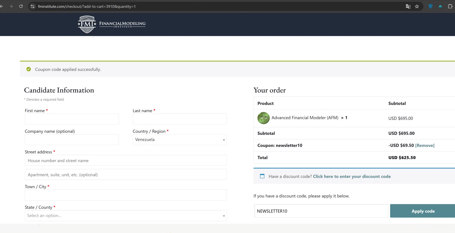 Financial Modeling Institute promo code screenshot showing code NEWSLETTER10 applied at Financial Modeling Institute checkout page. Uploaded by SimplyCodes community member ValiantTiger4704 on Dec 30, 2024