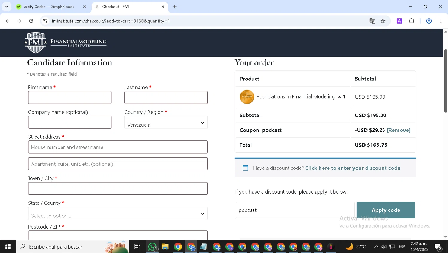 Financial Modeling Institute promo code screenshot showing code podcast applied at Financial Modeling Institute checkout page. Uploaded by SimplyCodes community member Alejandria on Apr 15, 2025