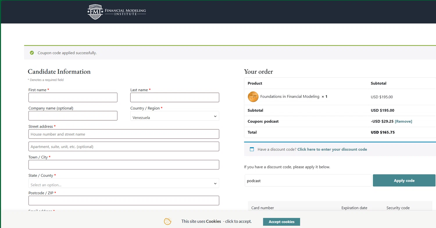 Financial Modeling Institute promo code screenshot showing code podcast applied at Financial Modeling Institute checkout page. Uploaded by SimplyCodes community member chepipro on Nov 1, 2025