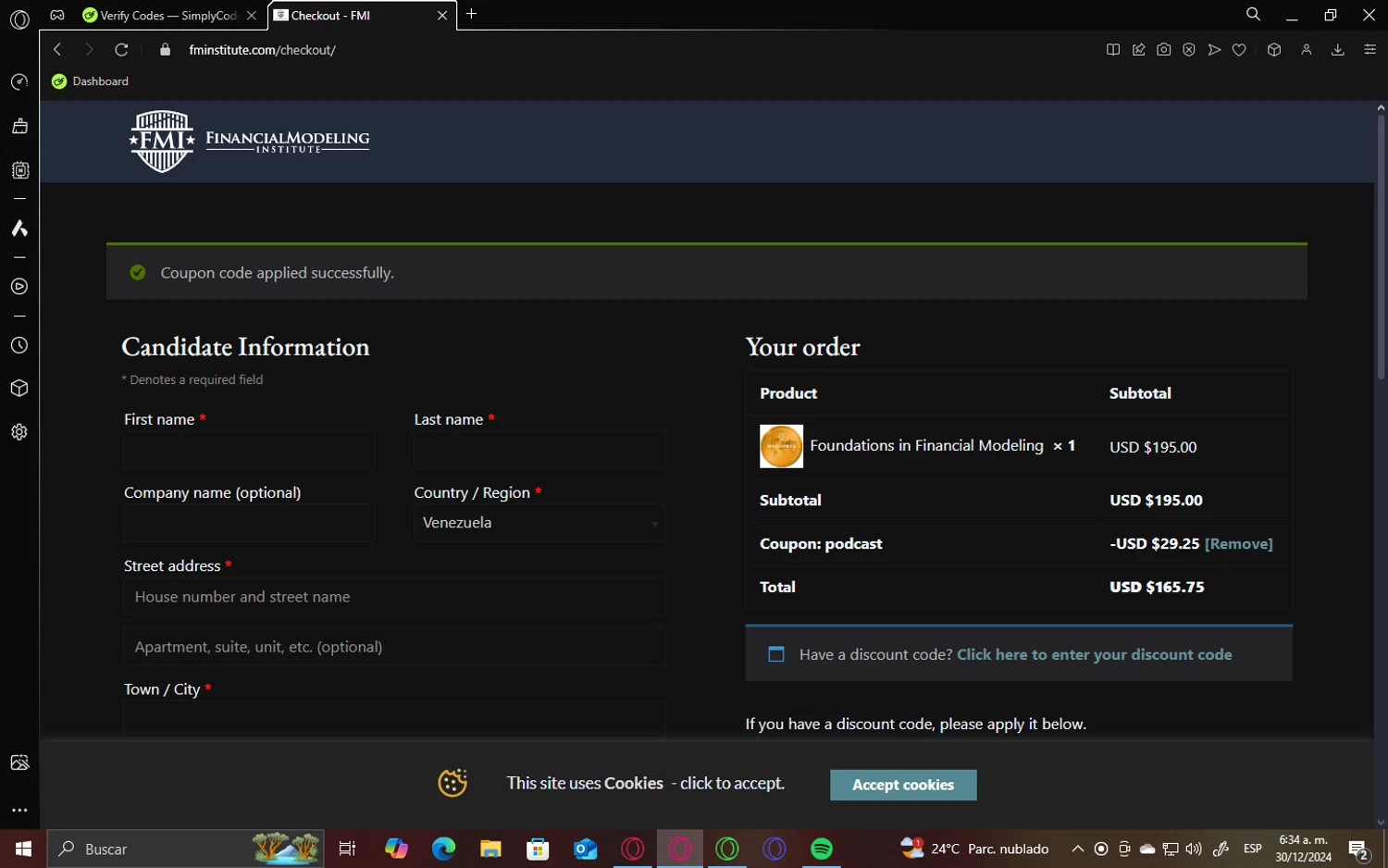 Financial Modeling Institute promo code screenshot showing code podcast applied at Financial Modeling Institute checkout page. Uploaded by SimplyCodes community member ShieldVirtuoso1197 on Dec 30, 2024