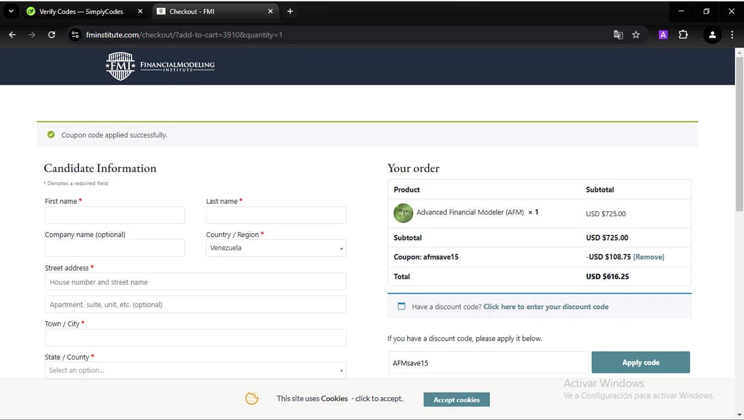 Financial Modeling Institute promo code screenshot showing code AFMsave15 applied at Financial Modeling Institute checkout page. Uploaded by SimplyCodes community member CarlesPlanas on Feb 4, 2025