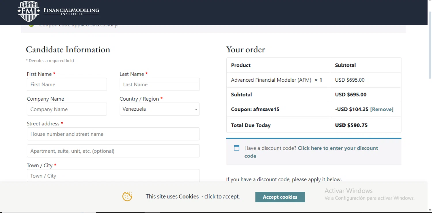 Financial Modeling Institute checkout page showing Financial Modeling Institute promo code box | Screenshot taken by SimplyCodes community member on Jun 20, 2024