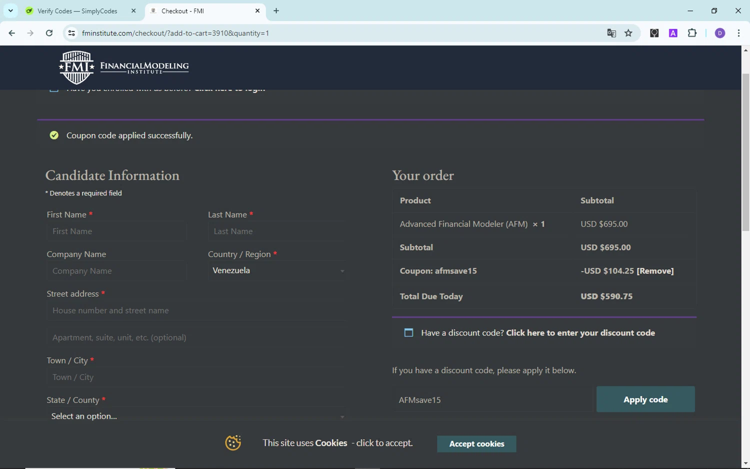 Financial Modeling Institute checkout page showing Financial Modeling Institute promo code box | Screenshot taken by SimplyCodes community member on May 22, 2024