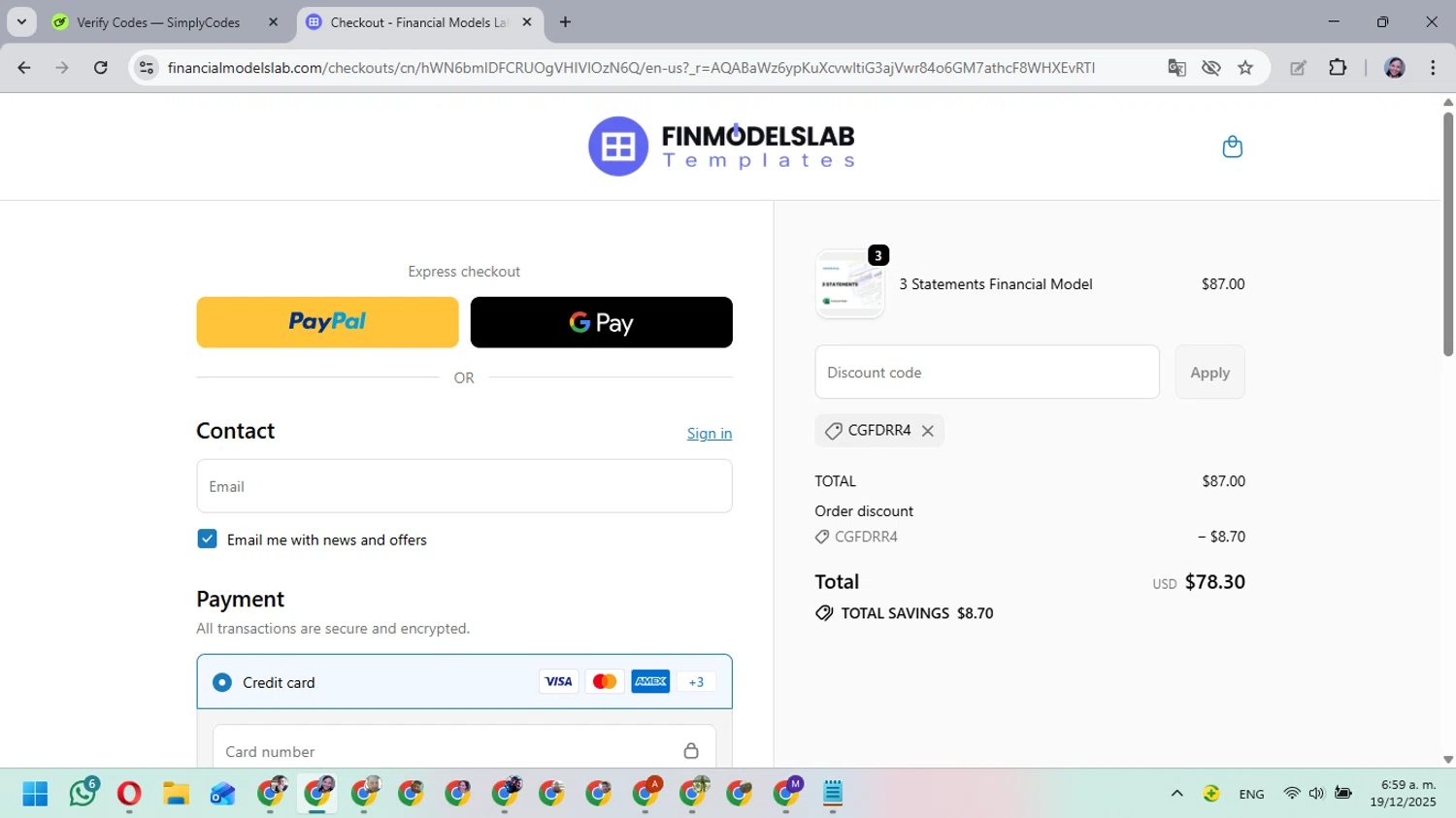 FinModelsLab promo code screenshot showing code cgfdrr4 applied at FinModelsLab checkout page. Uploaded by SimplyCodes community member MarielisPb on Dec 19, 2025