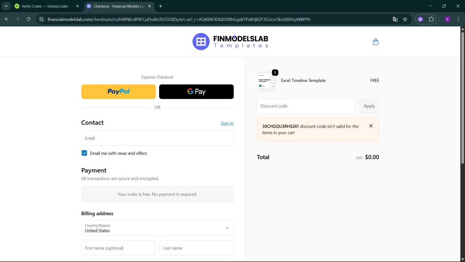 FinModelsLab promo code screenshot showing code 30CHGQU3RHS261 applied at FinModelsLab checkout page. Uploaded by SimplyCodes community member RoyalSleuth2430 on Dec 19, 2025