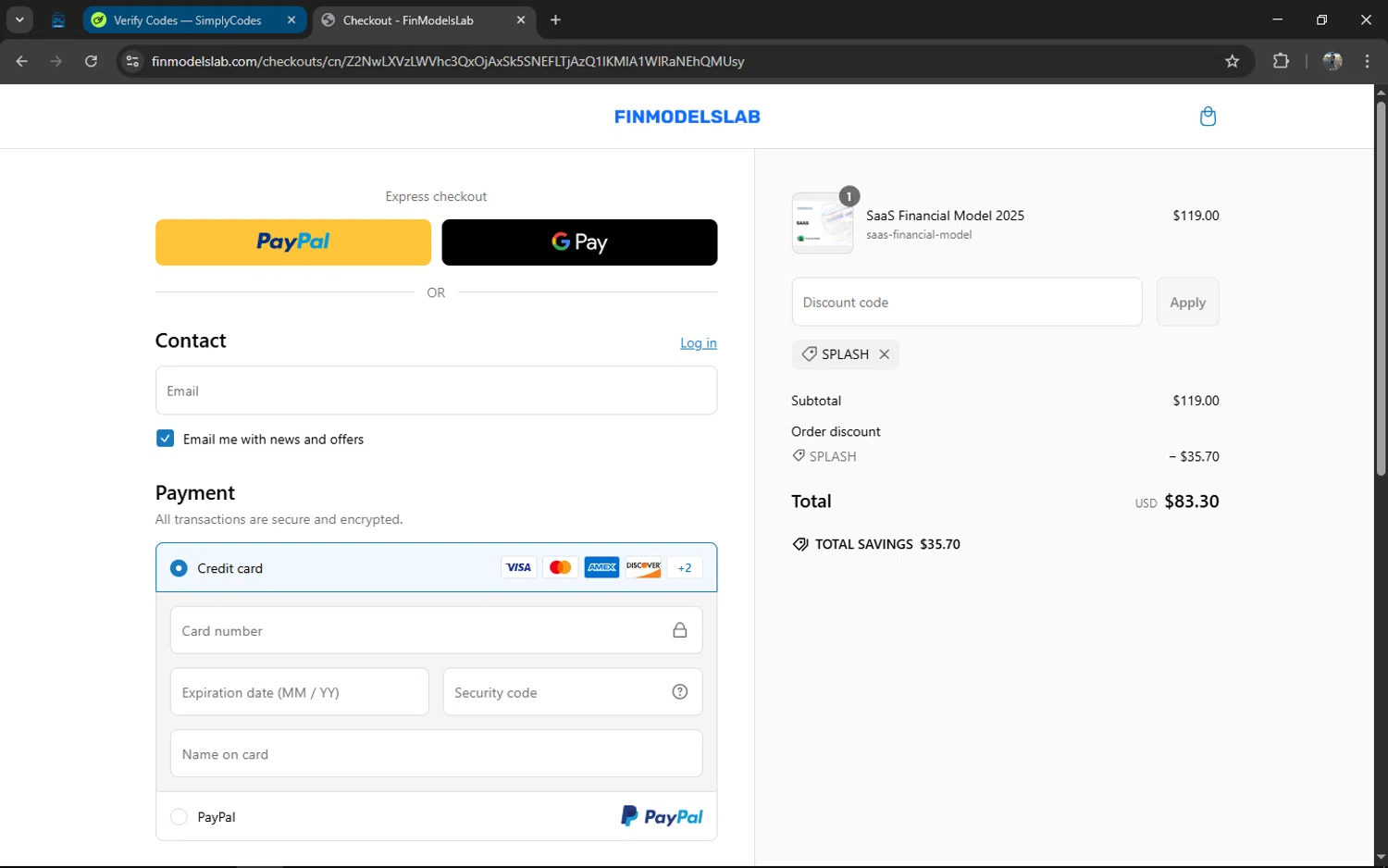 FinModelsLab discount code screenshot showing code SPLASH applied at FinModelsLab checkout page. Uploaded by SimplyCodes community member XXXTENTACION on Mar 7, 2025