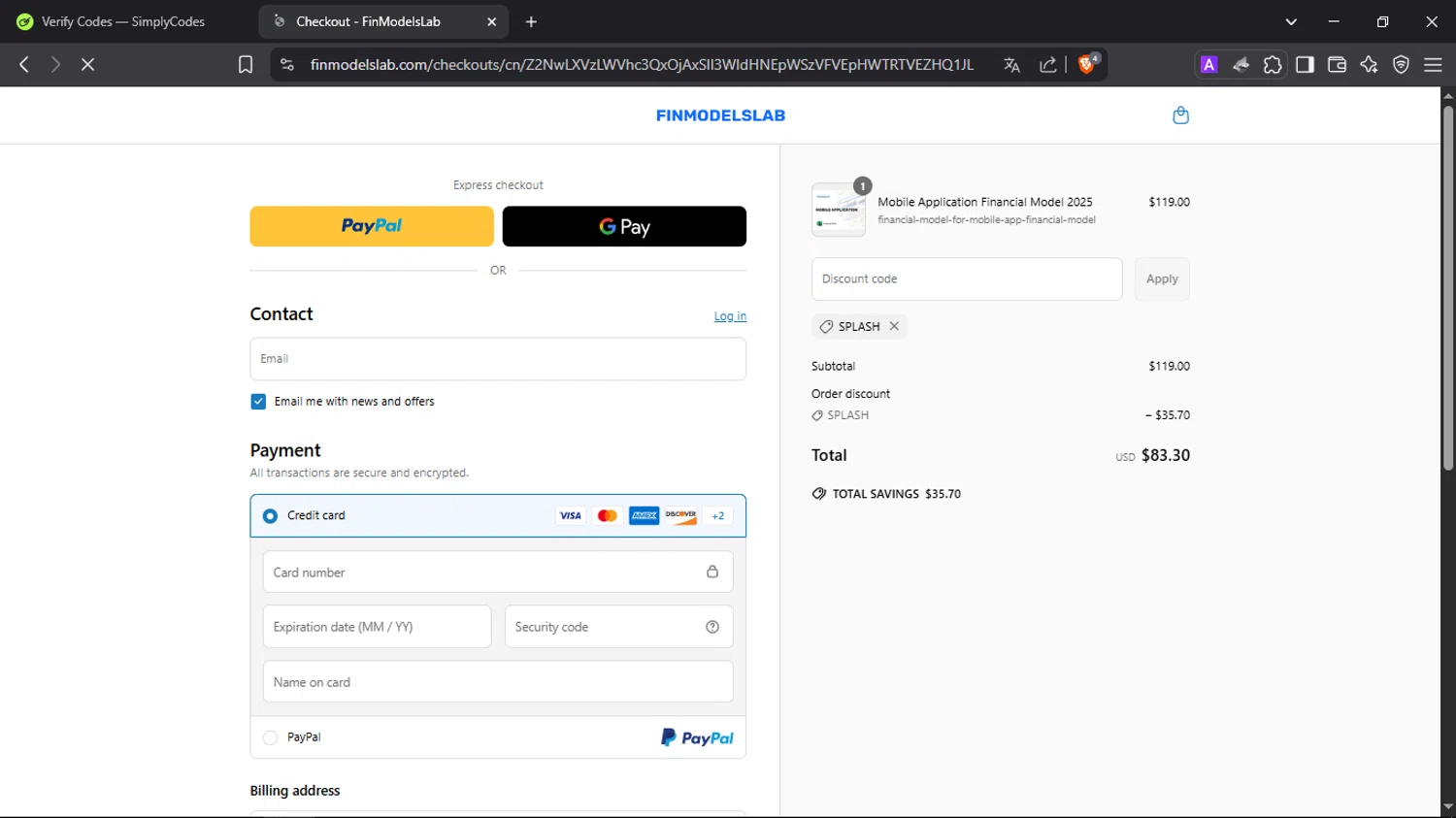 FinModelsLab discount code screenshot showing code SPLASH applied at FinModelsLab checkout page. Uploaded by SimplyCodes community member SmartScholar9589 on Apr 7, 2025