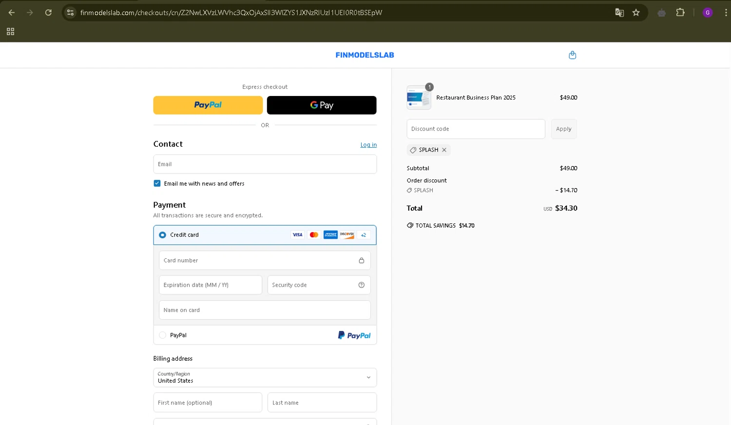 FinModelsLab discount code screenshot showing code SPLASH applied at FinModelsLab checkout page. Uploaded by SimplyCodes community member WiseMaverick4603 on Apr 7, 2025