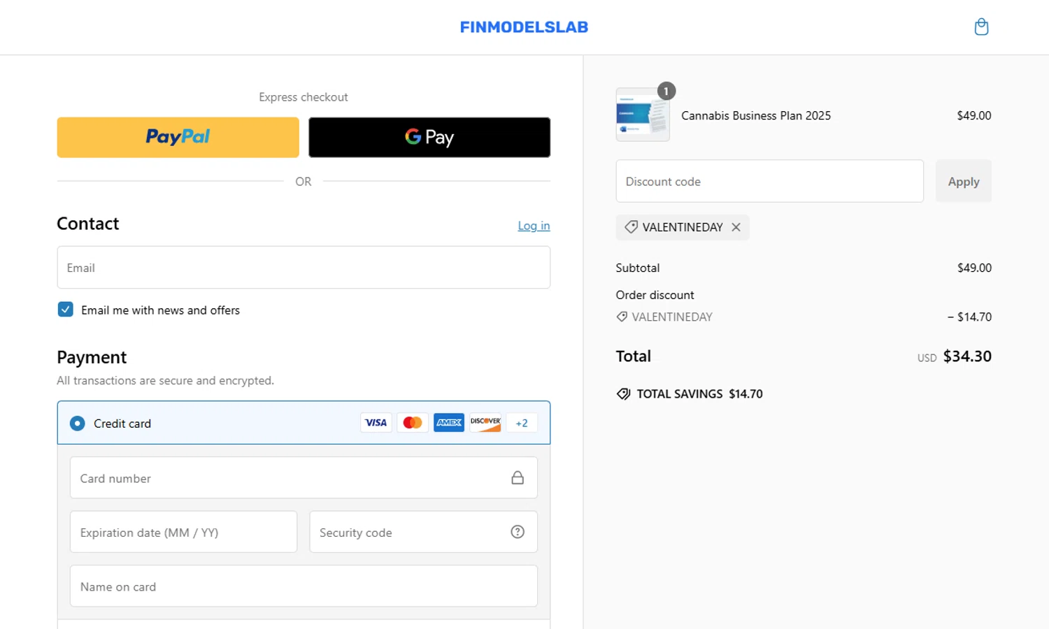 FinModelsLab discount code screenshot showing code valentineday applied at FinModelsLab checkout page. Uploaded by SimplyCodes community member MagnificentSaver708 on Jan 23, 2025