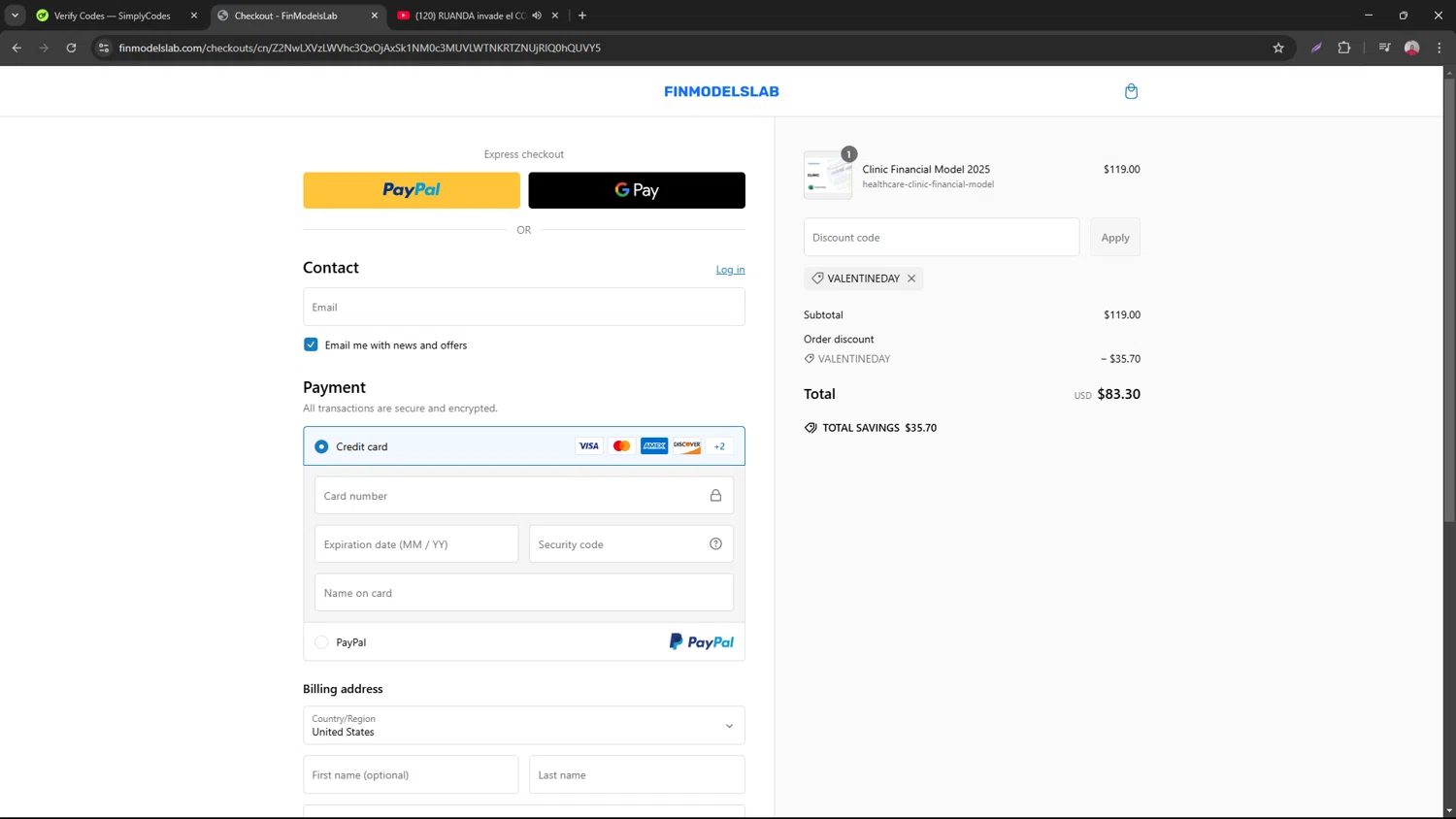 FinModelsLab discount code screenshot showing code valentineday applied at FinModelsLab checkout page. Uploaded by SimplyCodes community member necesitoplata on Feb 21, 2025