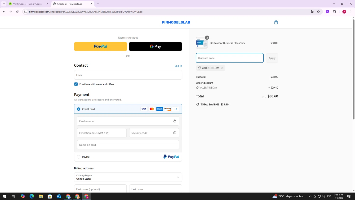 FinModelsLab discount code screenshot showing code valentineday applied at FinModelsLab checkout page. Uploaded by SimplyCodes community member CoinCollector8010 on Apr 7, 2025