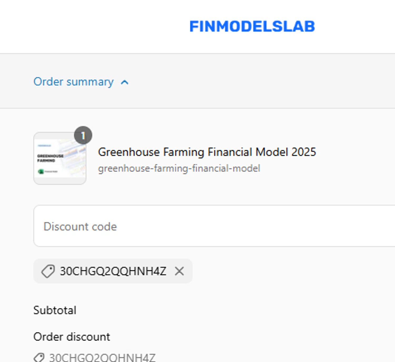 FinModelsLab discount code screenshot showing code 30CHGQ2QQHNH4Z applied at FinModelsLab checkout page. Uploaded by SimplyCodes community member GoldLynx7797 on May 3, 2025