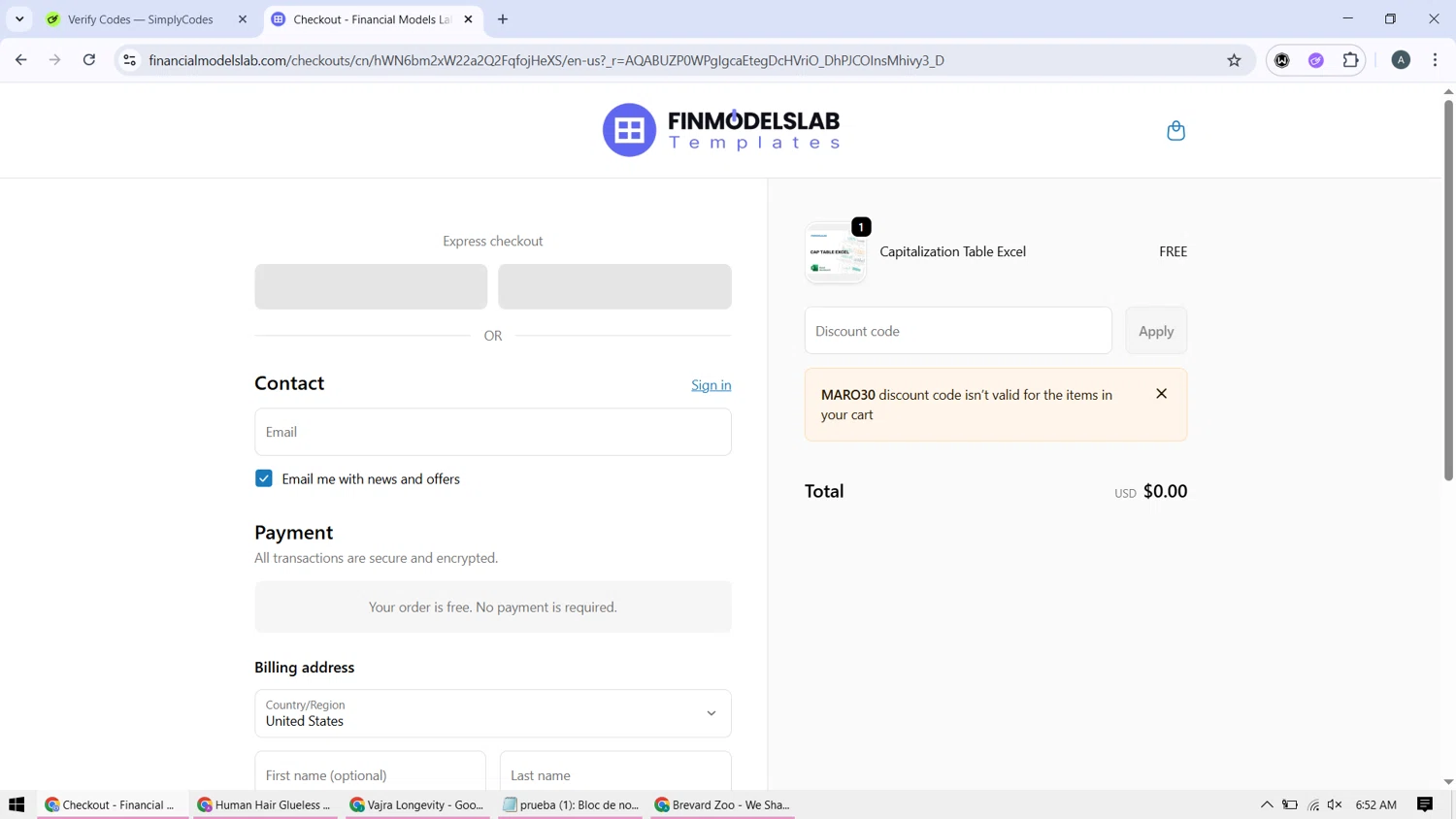 FinModelsLab promo code screenshot showing code MARO30 applied at FinModelsLab checkout page. Uploaded by SimplyCodes community member BonusMonarch7015 on Dec 19, 2025