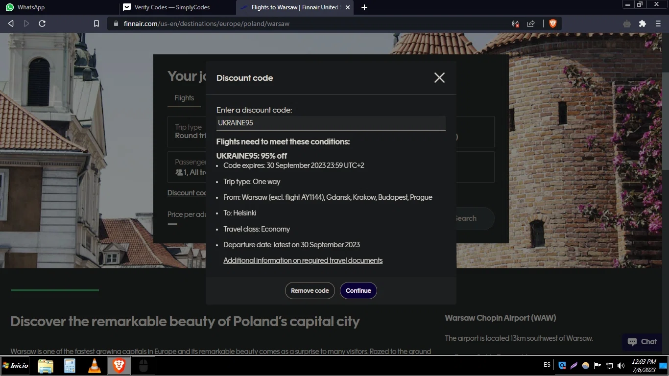 Finnair checkout page showing Finnair discount code box | Screenshot taken by SimplyCodes community member on Jul 6, 2023