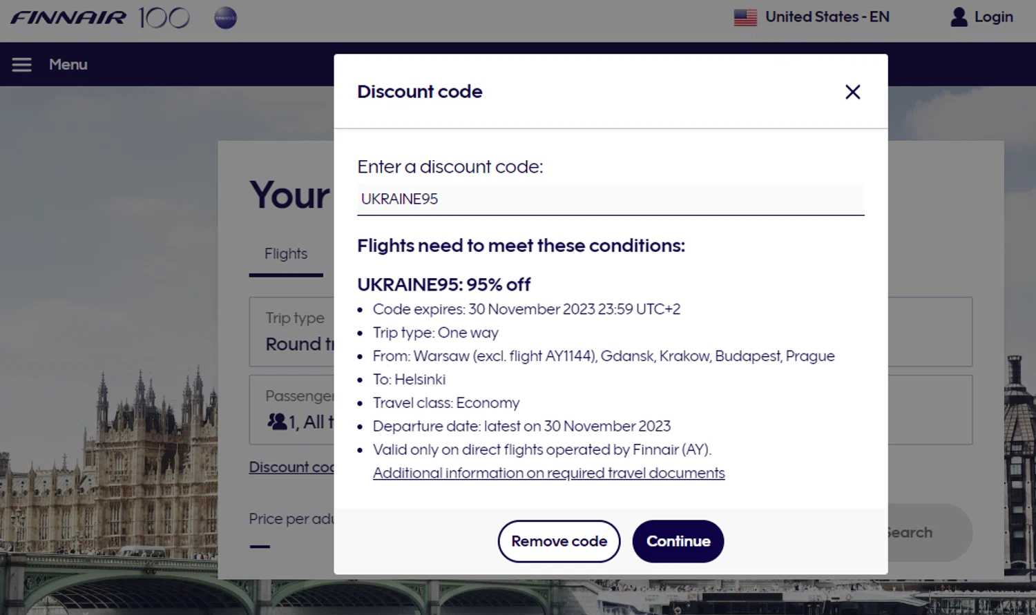 Finnair checkout page showing Finnair discount code box | Screenshot taken by SimplyCodes community member on Oct 23, 2023