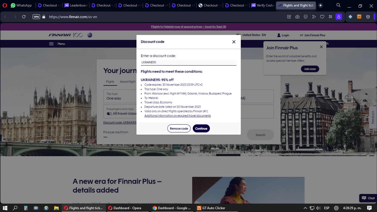 Finnair checkout page showing Finnair discount code box | Screenshot taken by SimplyCodes community member on Sep 26, 2023