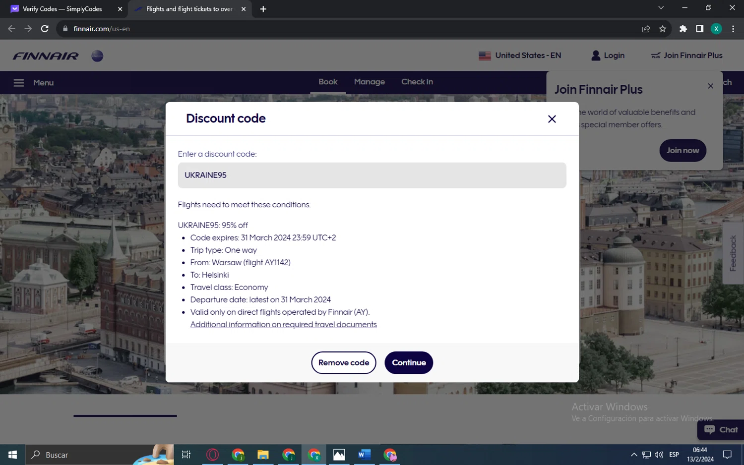 Finnair checkout page showing Finnair discount code box | Screenshot taken by SimplyCodes community member on Feb 13, 2024