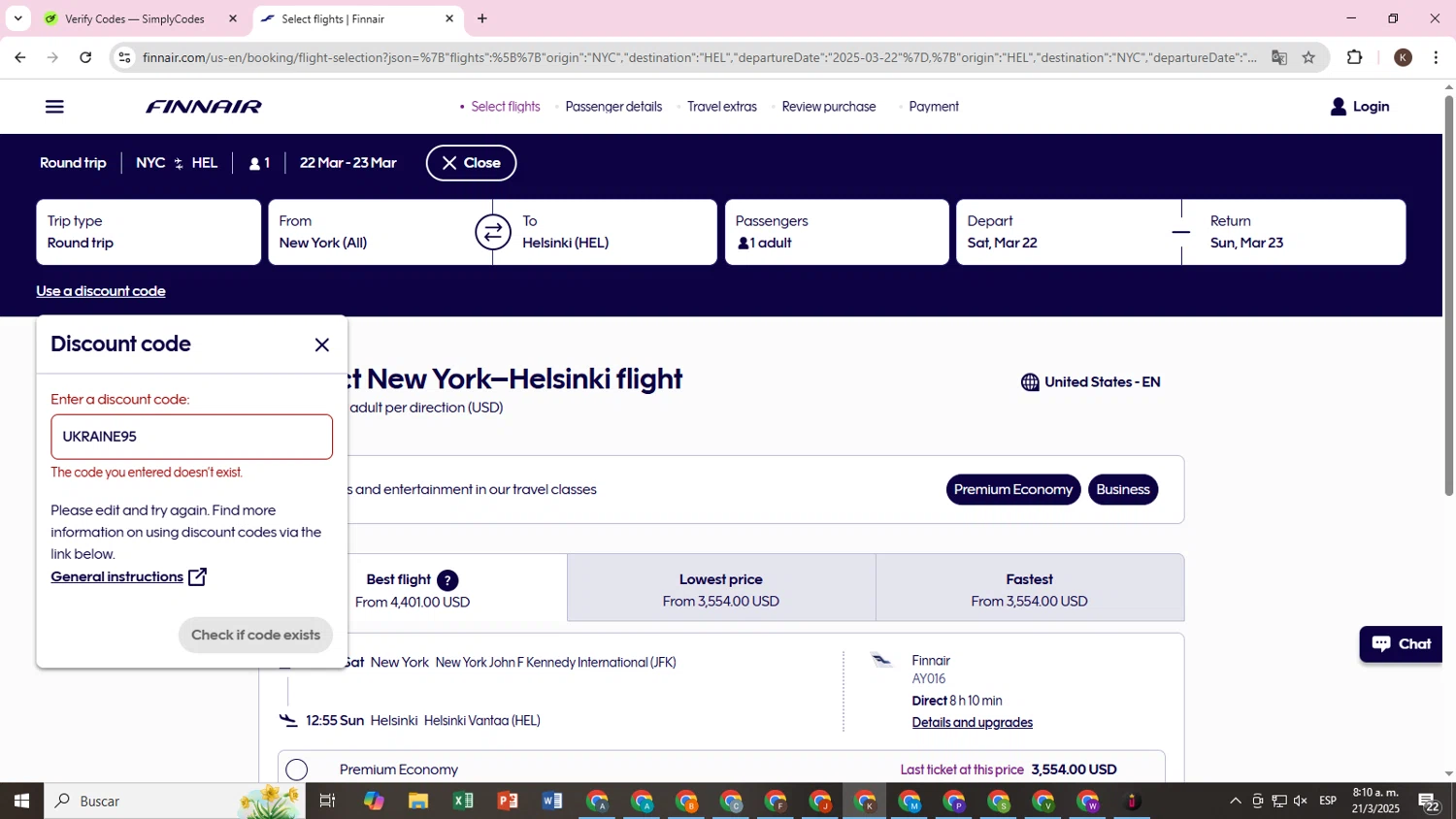 Finnair discount code screenshot showing code UKRAINE95 applied at Finnair checkout page. Uploaded by SimplyCodes community member TokenOwl8896 on Mar 21, 2025