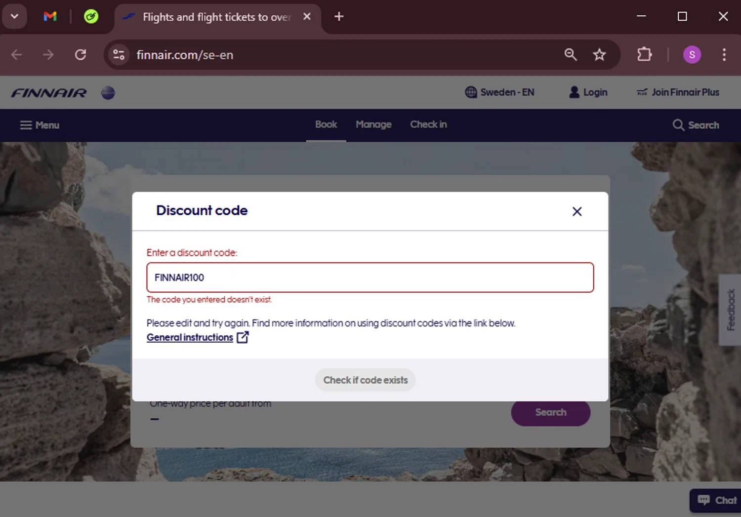 Finnair discount code screenshot showing code FINNAIR100 applied at Finnair checkout page. Uploaded by SimplyCodes community member tinkle_tinkle on Jan 26, 2025