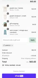 JAMIE20 coupon verification screenshot