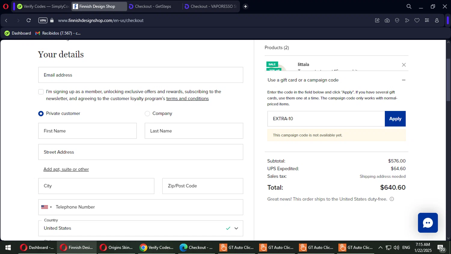 Finnish Design Shop checkout page showing Finnish Design Shop discount code box | Screenshot taken by SimplyCodes community member on Jan 22, 2025