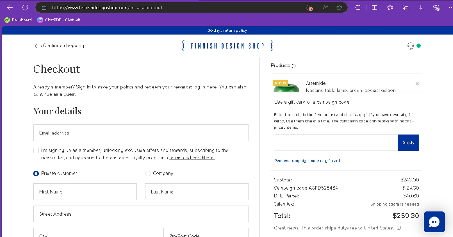 Finnish Design Shop checkout page showing Finnish Design Shop discount code box | Screenshot taken by SimplyCodes community member on Oct 16, 2024