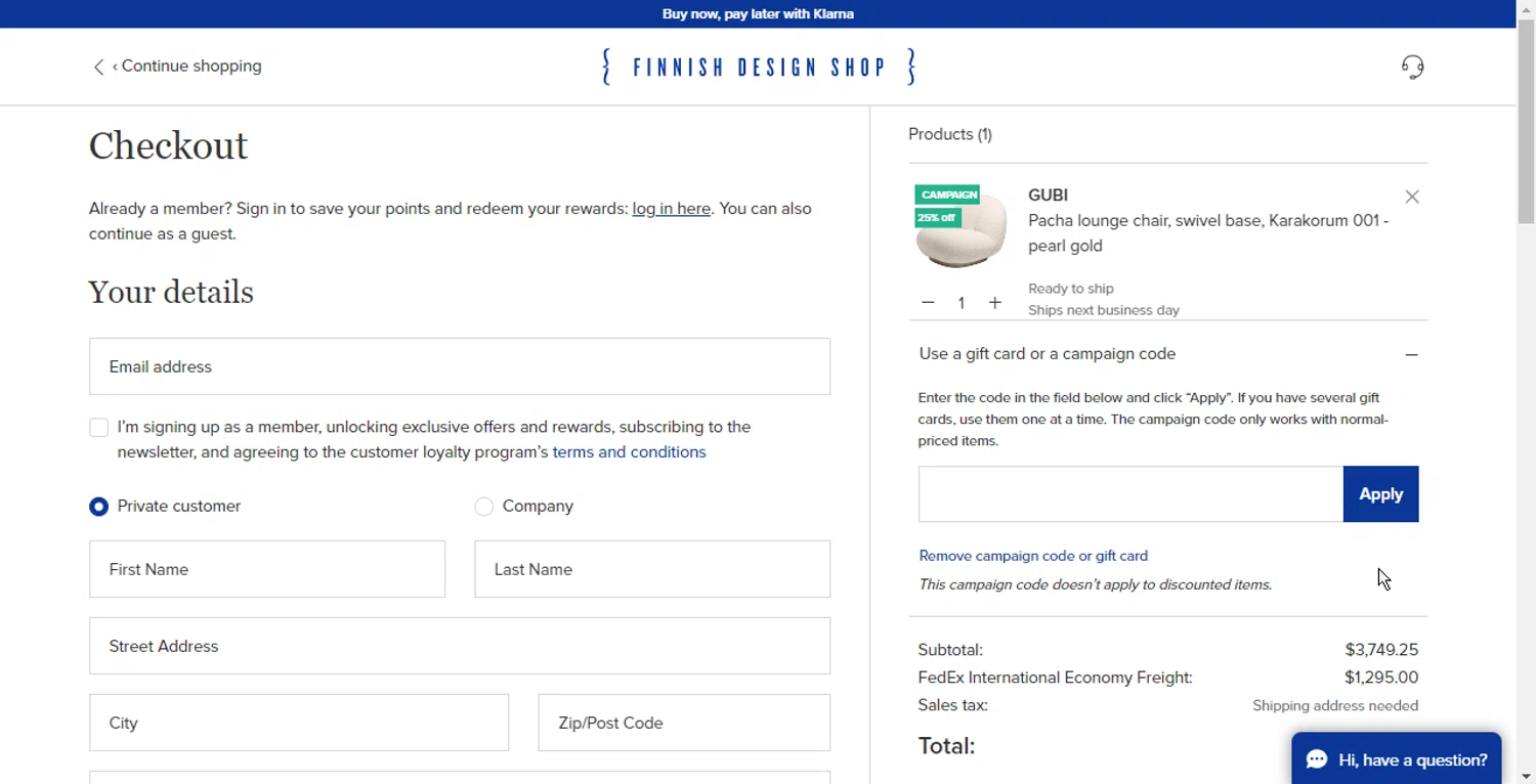 Finnish Design Shop checkout page showing Finnish Design Shop discount code box | Screenshot taken by SimplyCodes community member on Jul 20, 2024