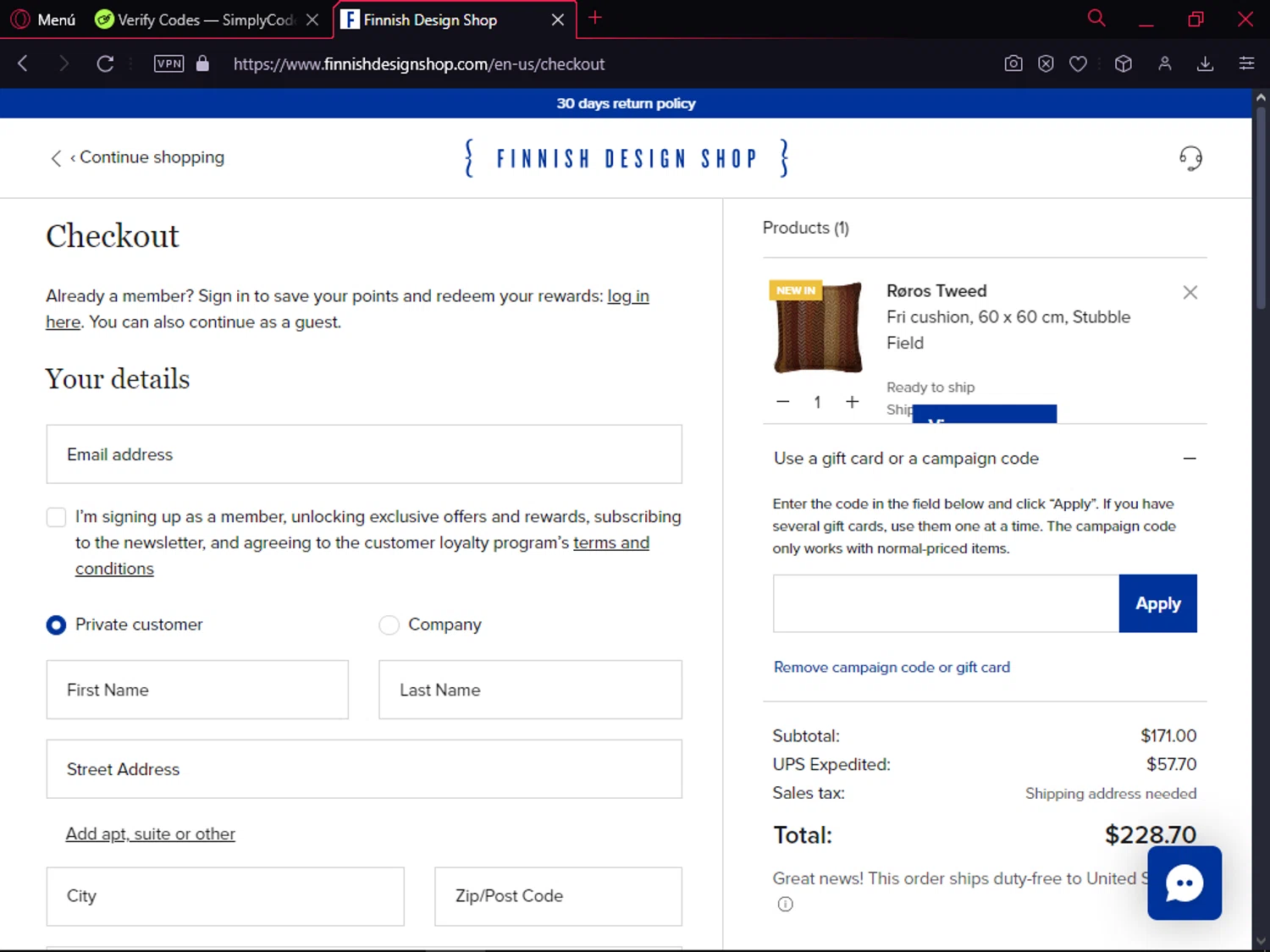 Finnish Design Shop checkout page showing Finnish Design Shop discount code box | Screenshot taken by SimplyCodes community member on Oct 27, 2024