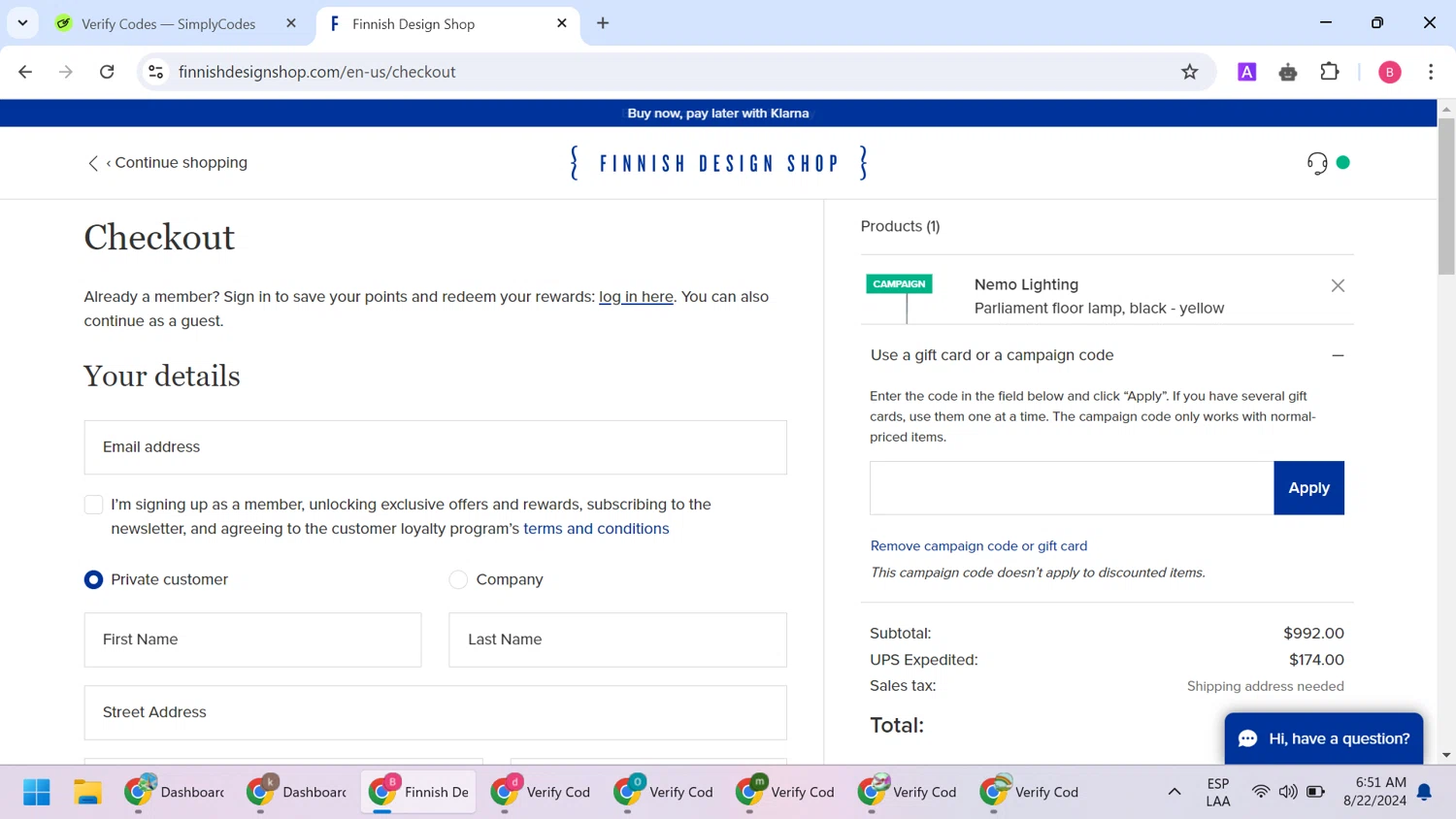 Finnish Design Shop checkout page showing Finnish Design Shop discount code box | Screenshot taken by SimplyCodes community member on Aug 22, 2024